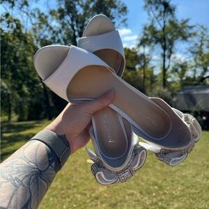 Betsey Johnson White Peep-Toe Heels with Rhinestone Bow